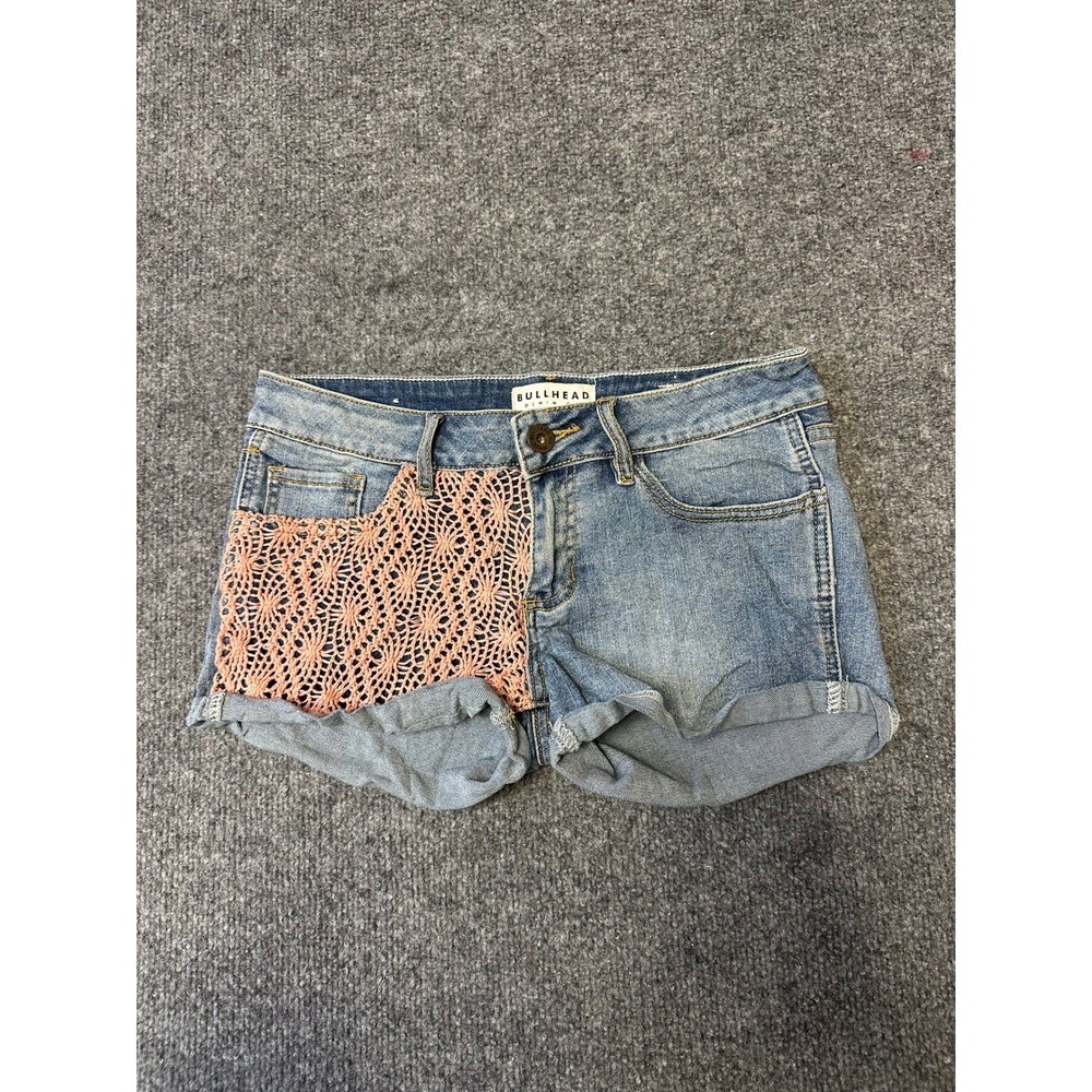 Bullhead Shorts Womens Size 25 Blue Denim Pink Crochet Lace Low Rise Cut Off